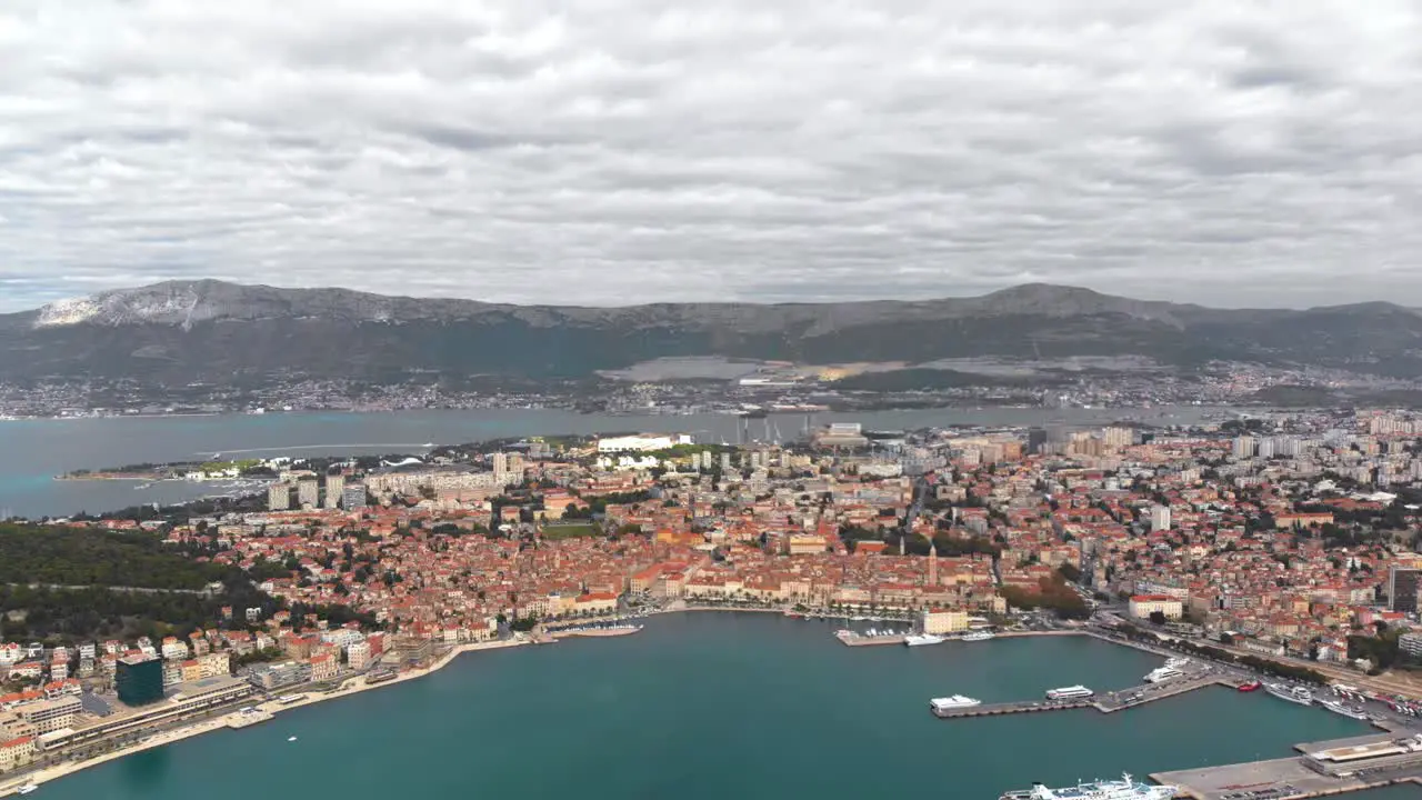 Establishing Aerial View above Split City Coast in Croatia