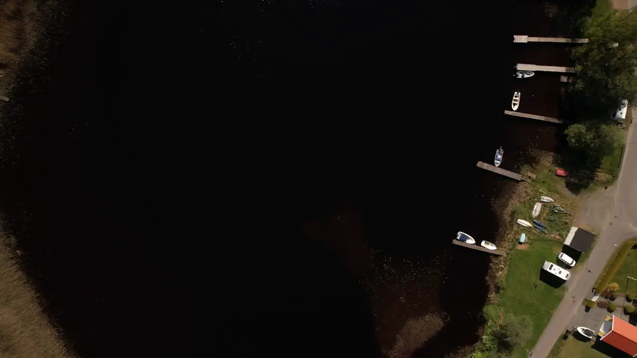 A top-shot with a drone of a little Village nearby a lake in Sweden