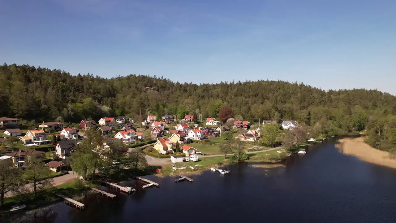 Approach Drone Shot of a little Village nearby a lake in Sweden