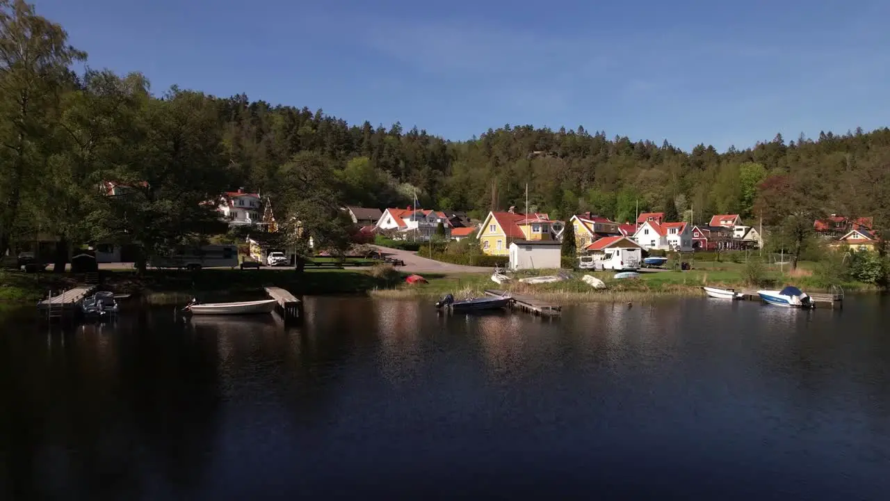 Rise Drone Shot of a little Village nearby a lake in Sweden