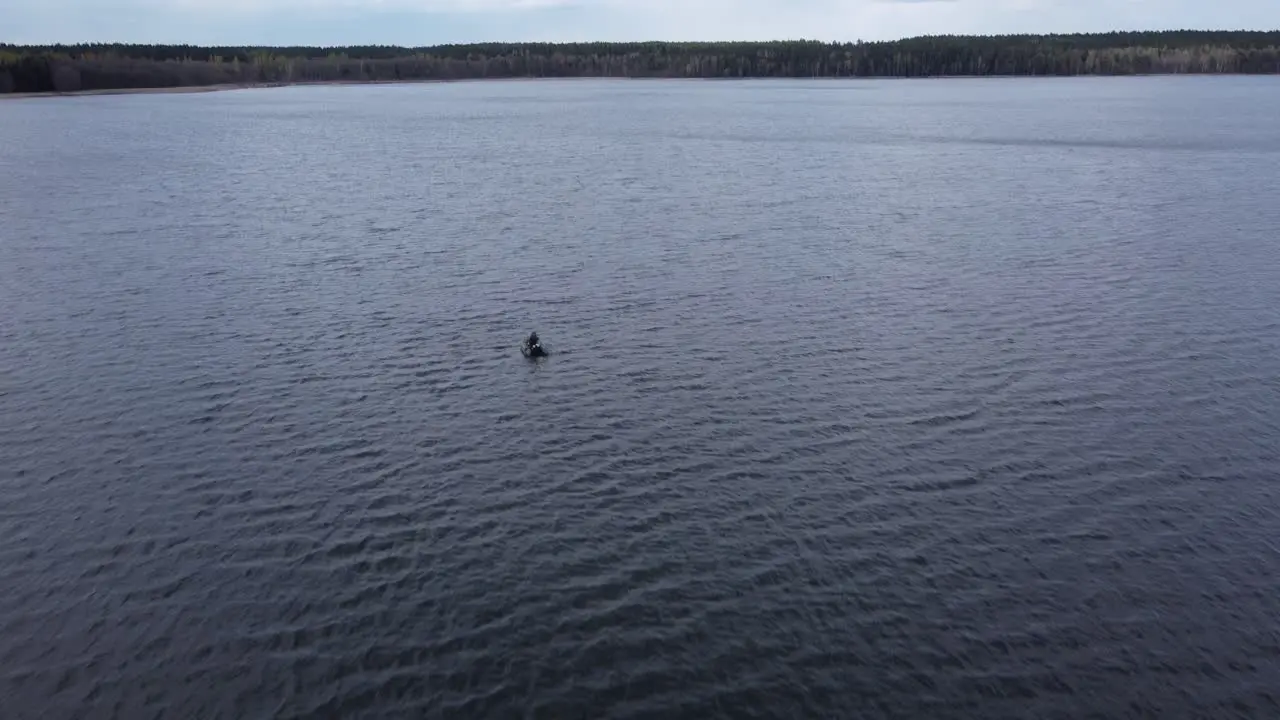 Aerial shot of two fisherman's in the boat middle of the lake