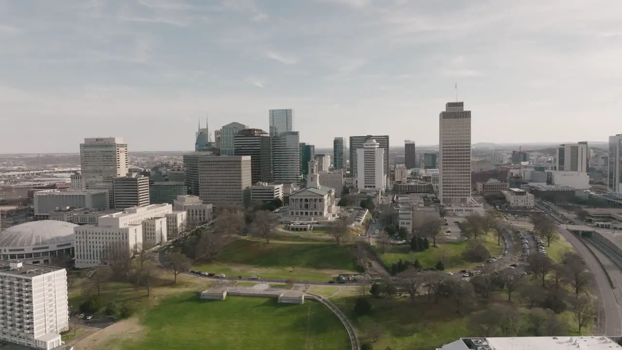 Rotating aerial shot of the courthouse in downtown Nashville TN