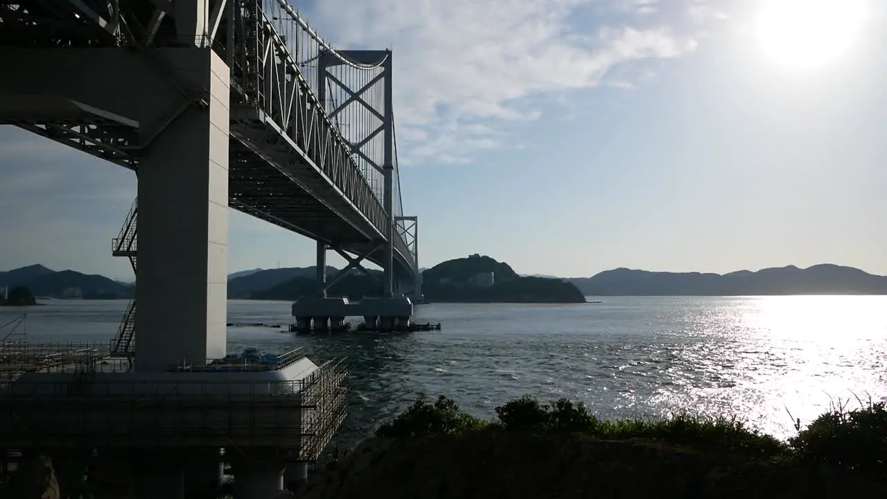 blue sky and huge bridge above blue sea