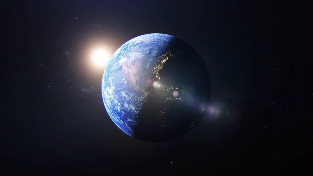 Planet earth day and night transition with light flare