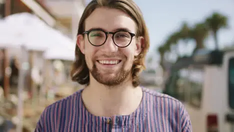 Summer travel and face of man in Miami enjoying