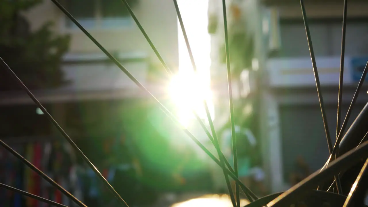 Looking at street and sun flare through bike wheel