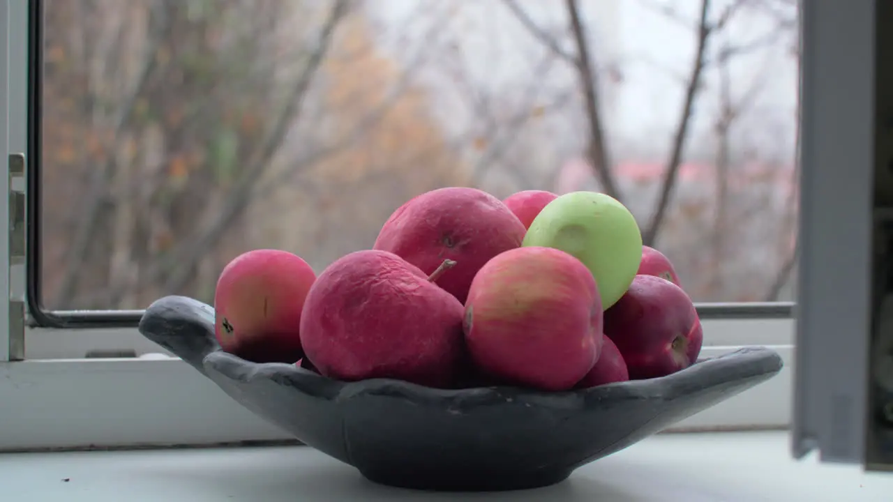 Bowl with apples and late autumn outside the window