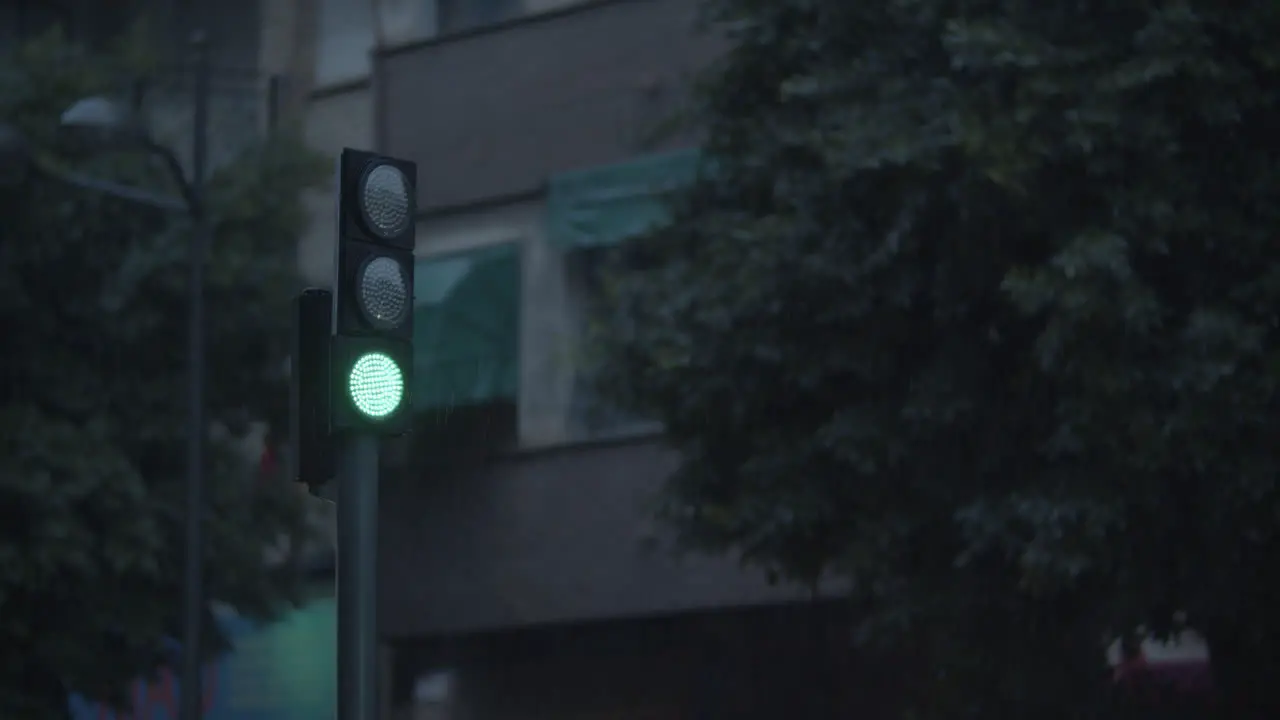 Green traffic light under the rain