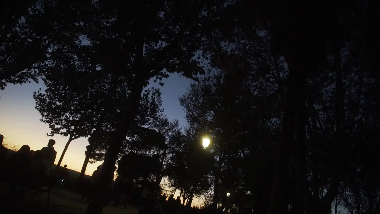 Rotating shot of a street lamp in a park at sunset in slow motion