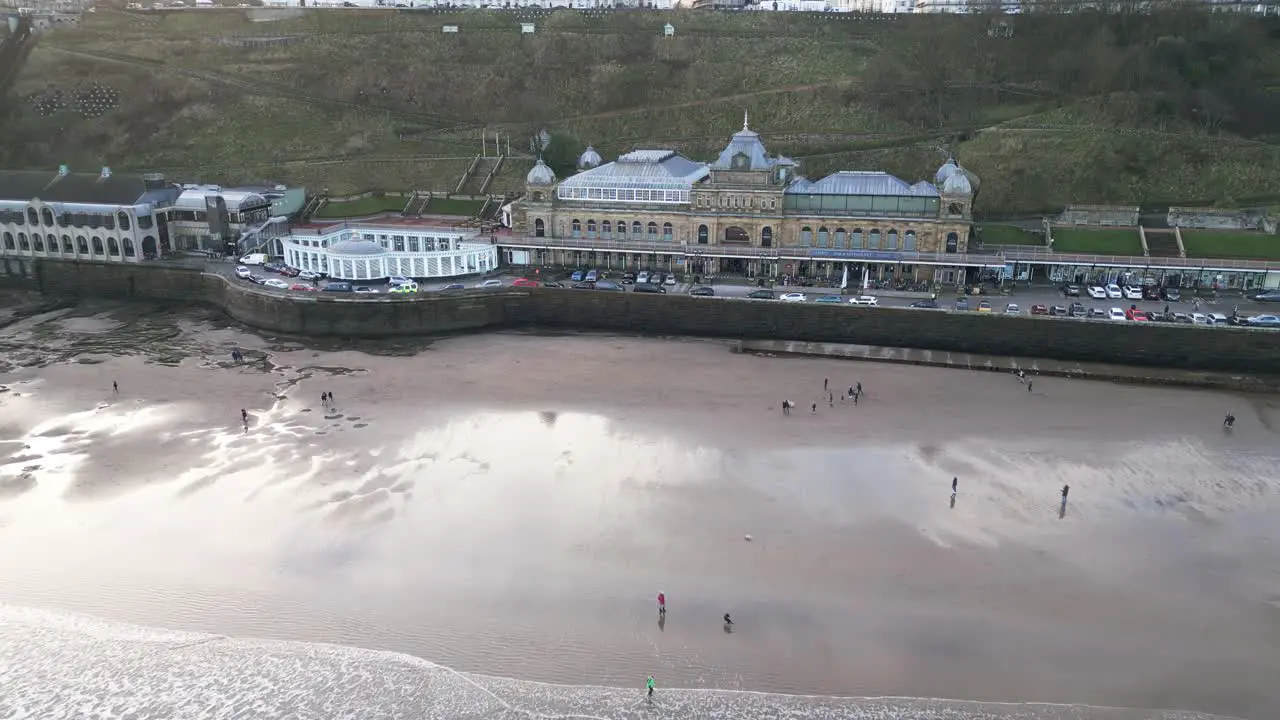 Areial shot of Scarborough spa beside a beach during daytime in Scarborough  England