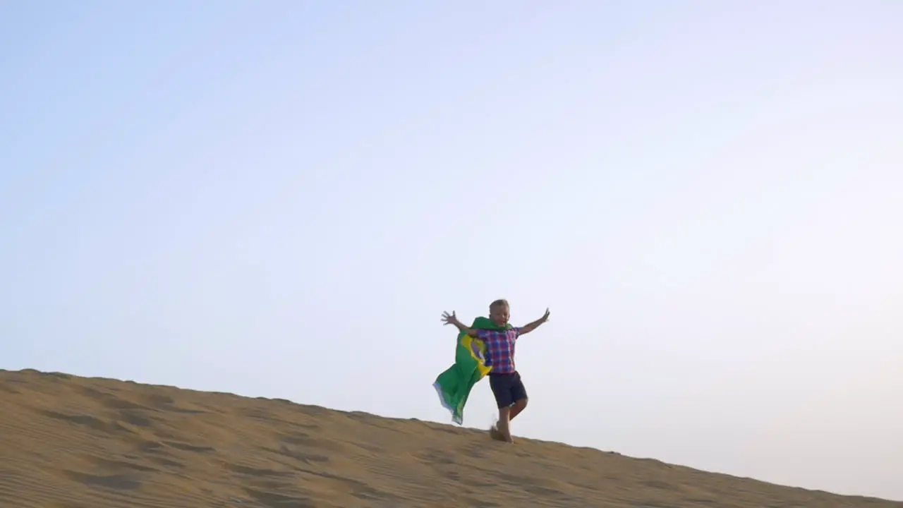 Happy boy with flag of Brazil on the beach