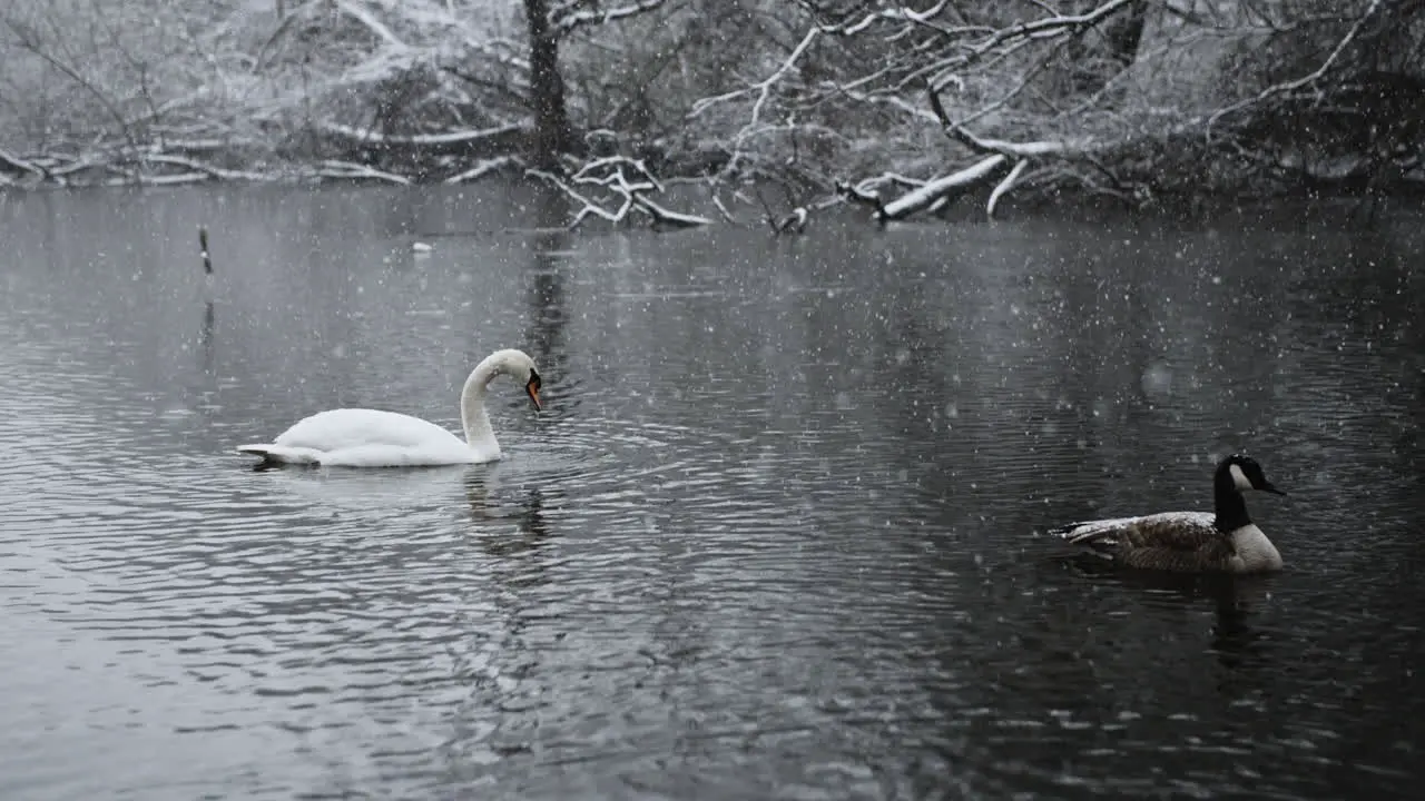 Birds in a river adorned by falling snowflakes