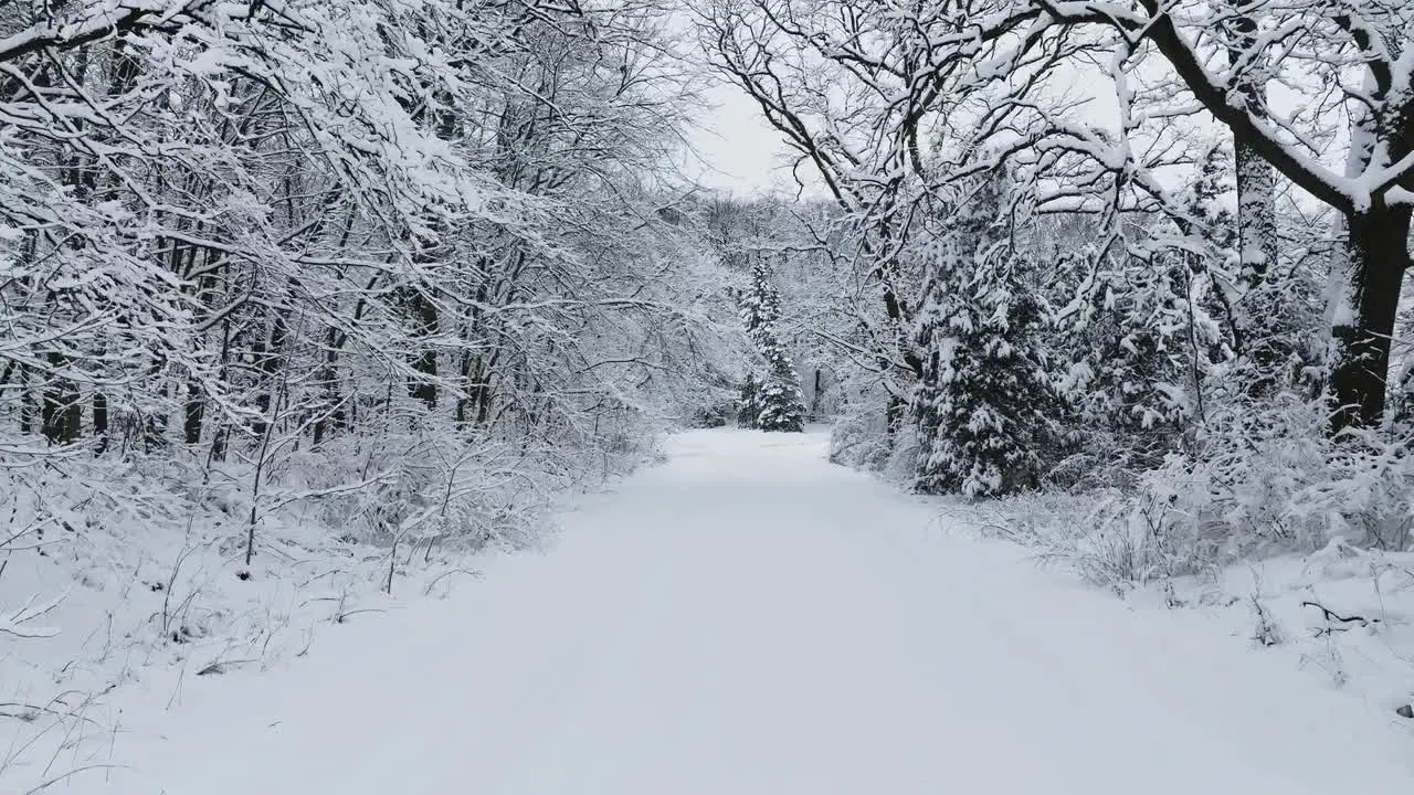 A drone flies slowly down a rural dirt road after a blizzard