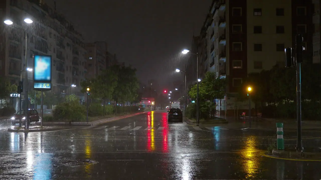 Rainy weather at night city transport traffic and lights reflection on the road