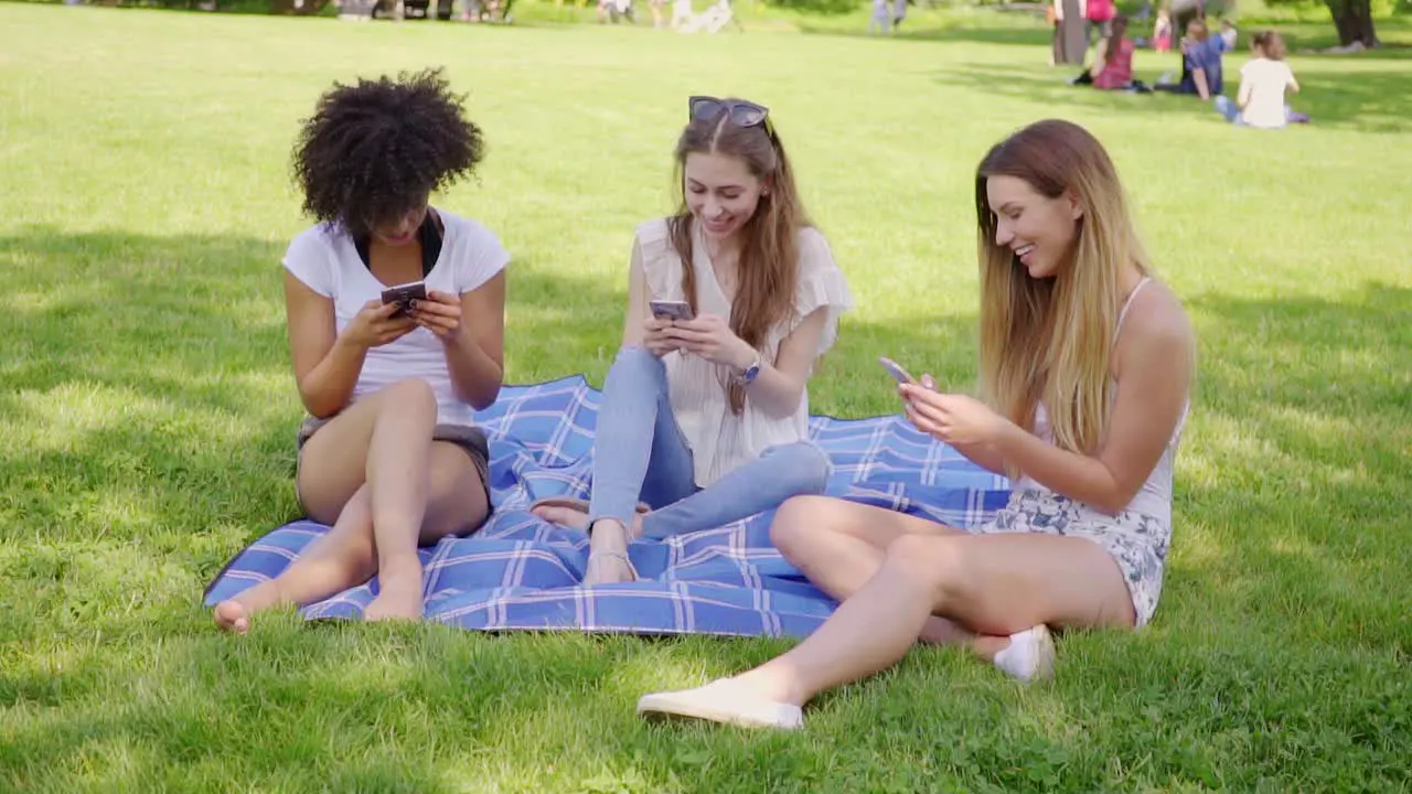 Women using smartphones on meadow