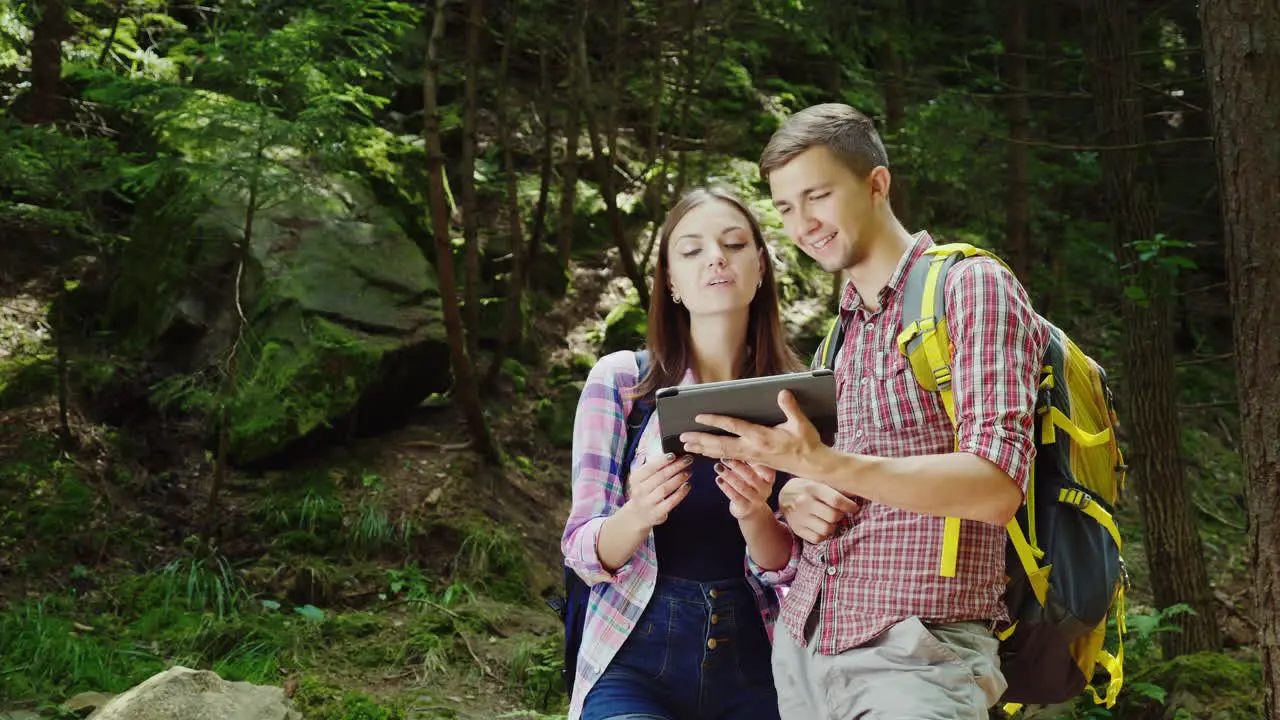 A Couple Of Tourists With Backpacks Orient Themselves In The Forest Use A Tablet