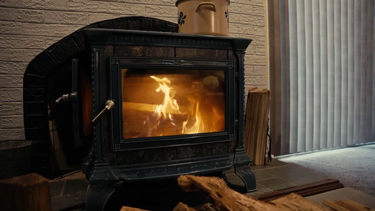 A fire burning in a wood stove on a cold winter day