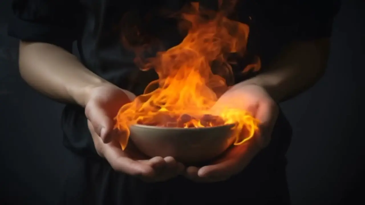 Hands holding burning bowl of Chili