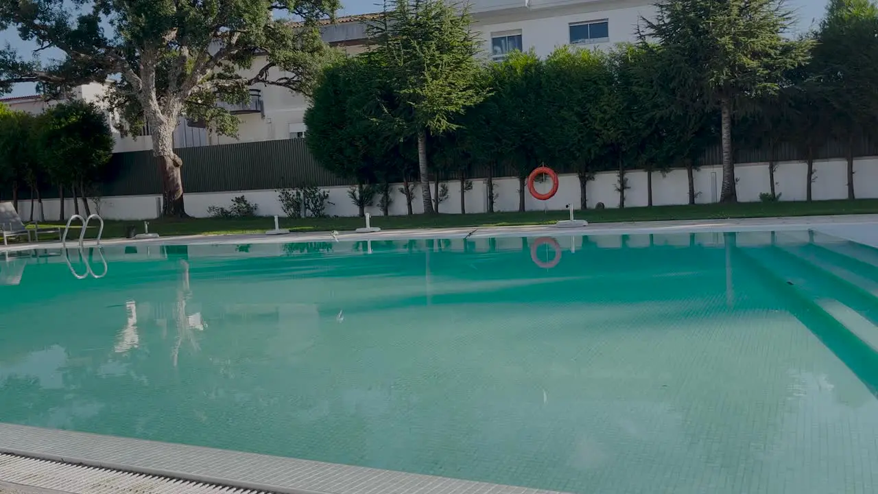 Zooming in on an empty swimming pool with birds in motion flying above