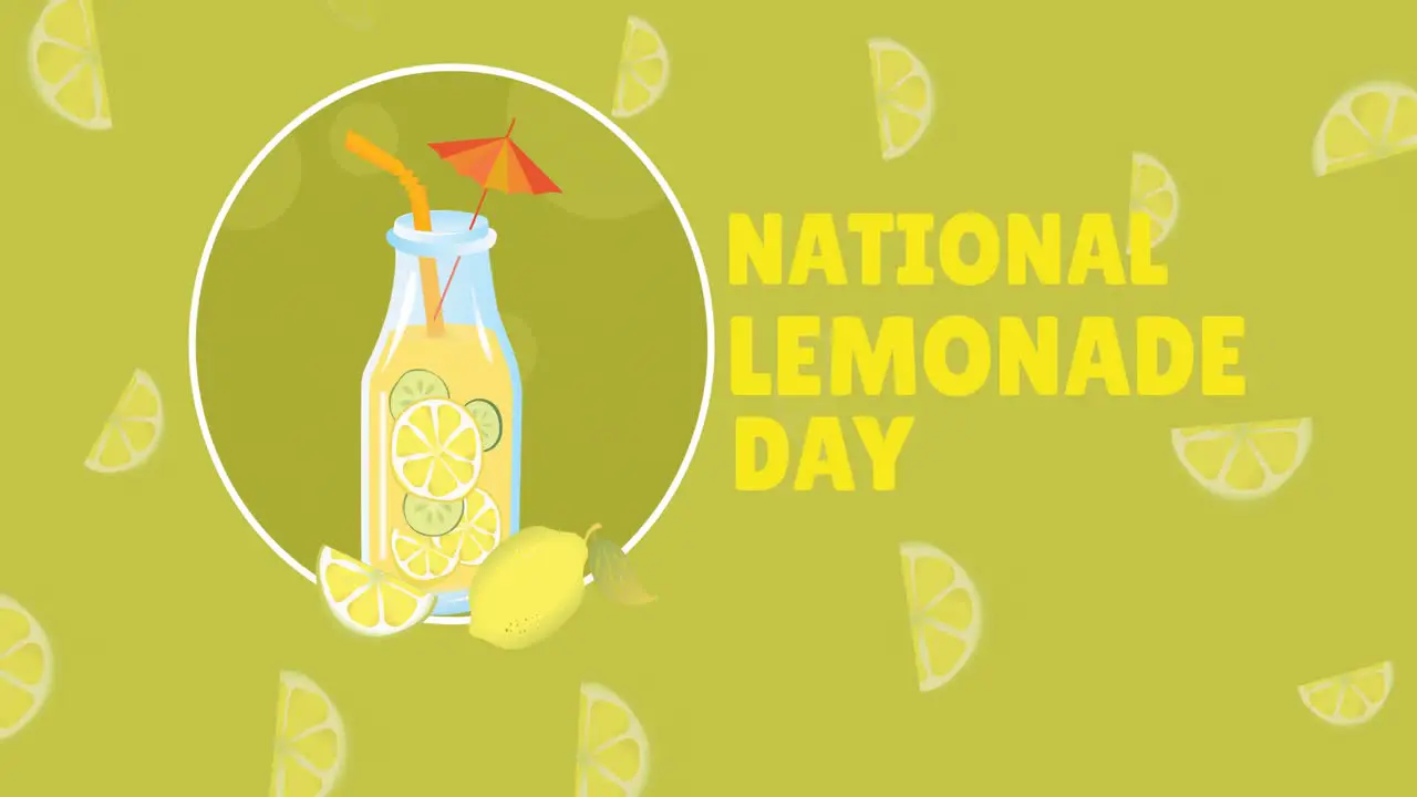 Animation of national lemonade day text and lemonade icon over orange background