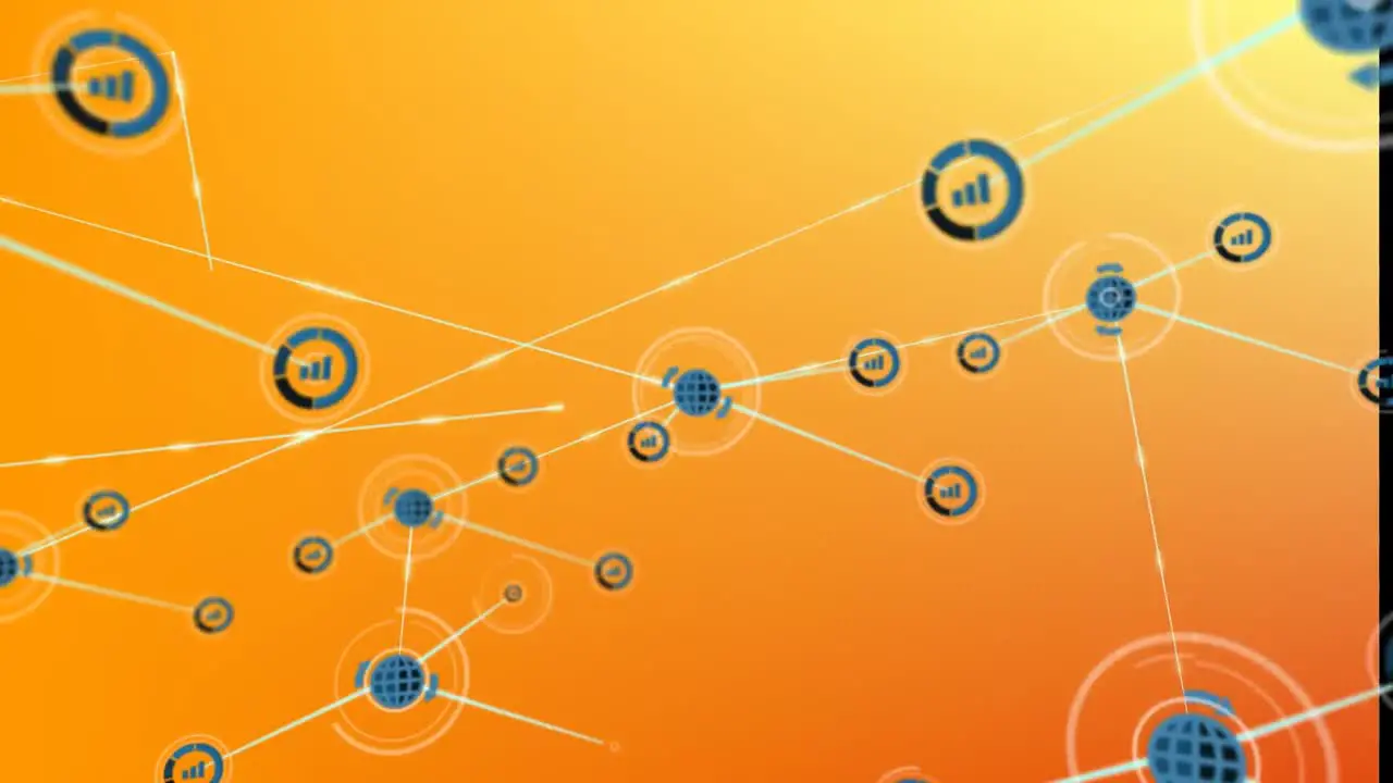 Animation of digital network and graph icons interconnecting with lines over orange background