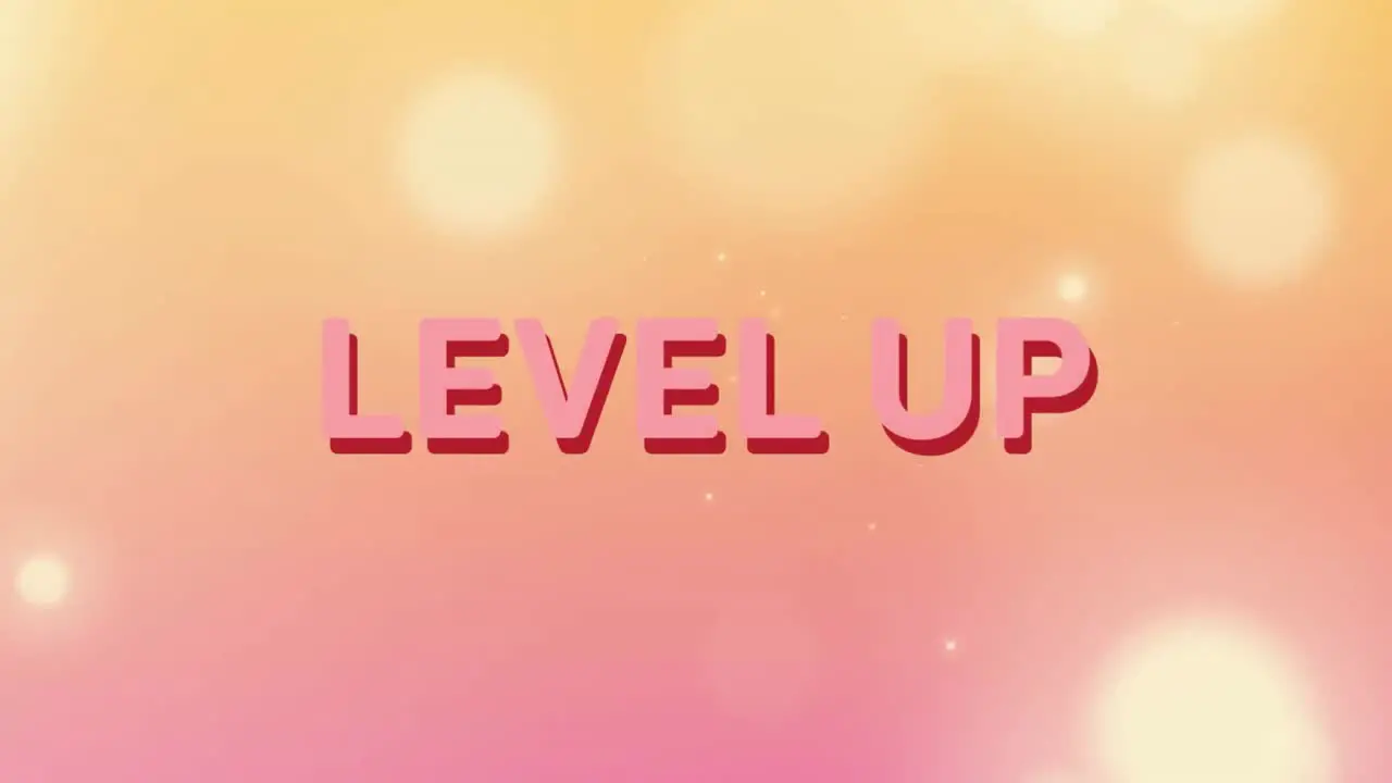 Digital animation of level up text against spots of light on orange background