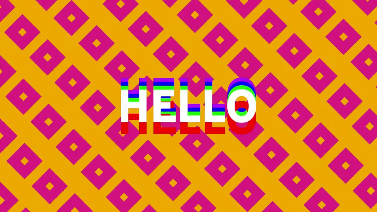 Digital animation of hello text against colorful pulsating square shapes on orange background