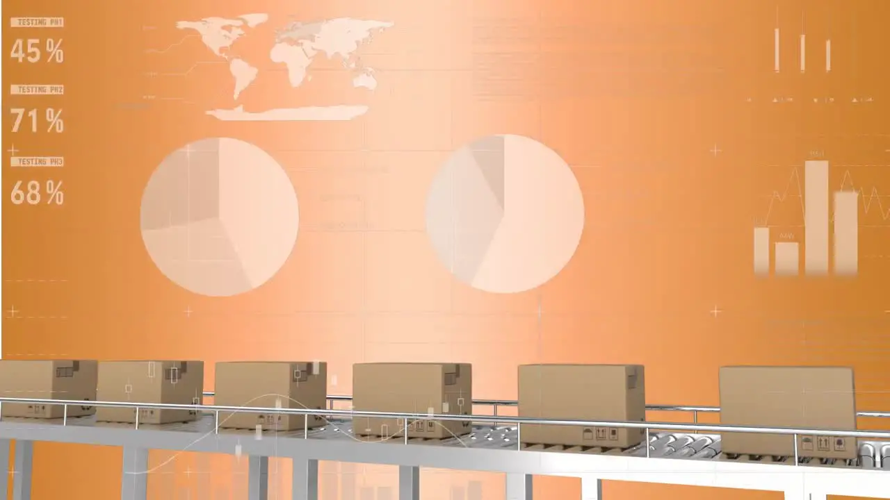 Animation of statistical data processing over boxes on conveyer belt against orange background