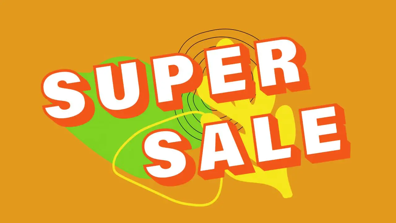 Animation of super sale text on abstract shapes over orange background