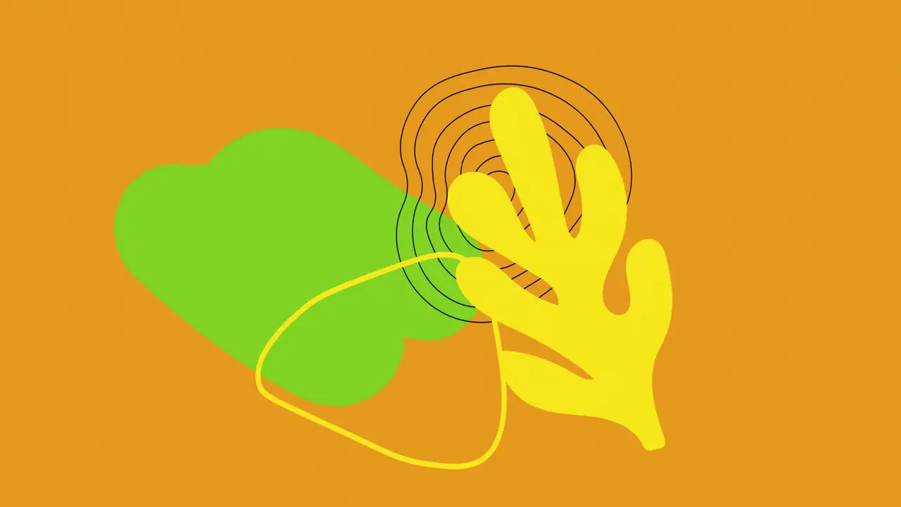 Animation of green and yellow abstract shapes and lines moving on orange background