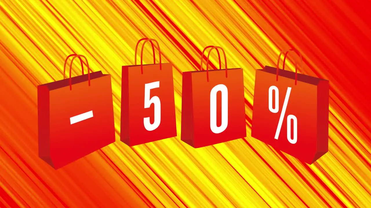 Animation of 50 percent off on shopping bags on yellow and orange background