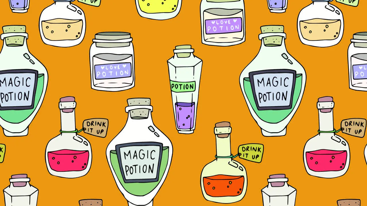 Animation of bottles of macic potion over orange background