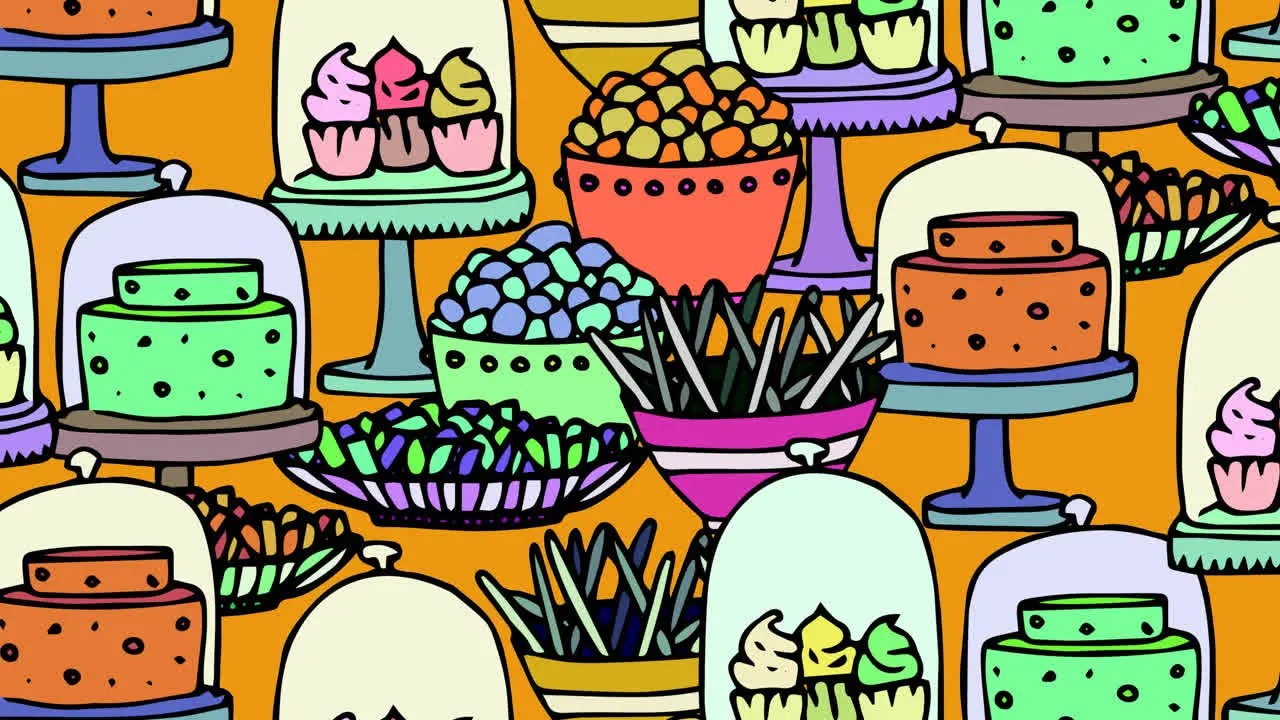 Animation of halloween candy and cakes over orange background