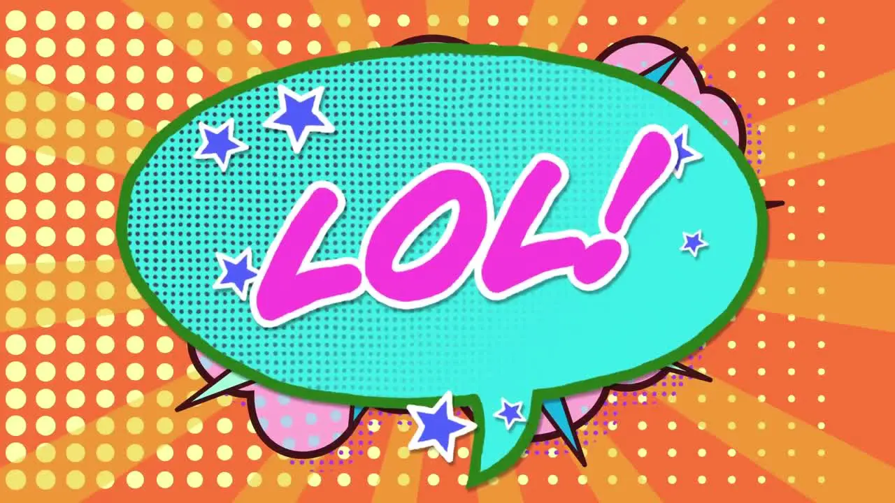 Animation of lol text over a retro speech bubble against dots row pattern on orange background