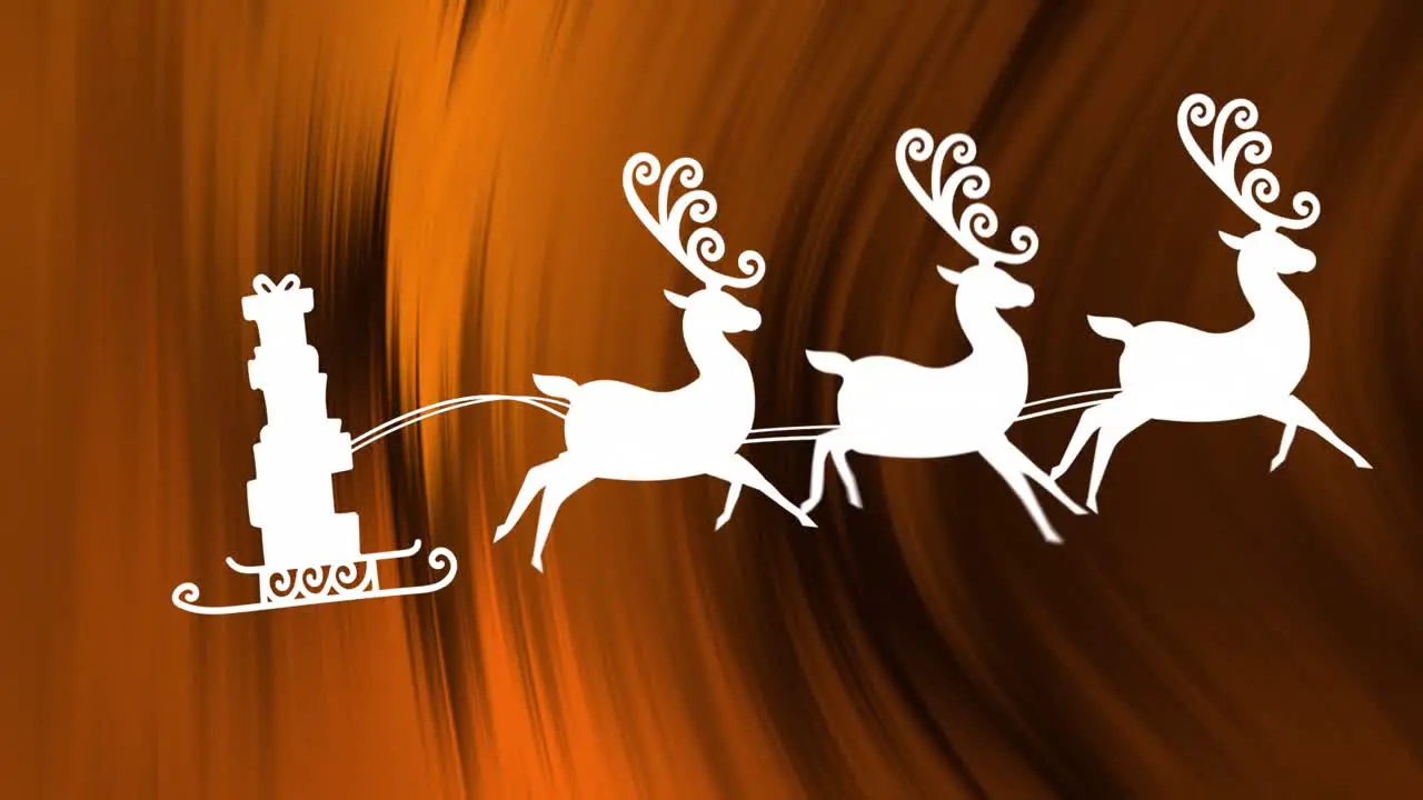 Animation of christmas gifts in sleigh being pulled by reindeers against textured orange background