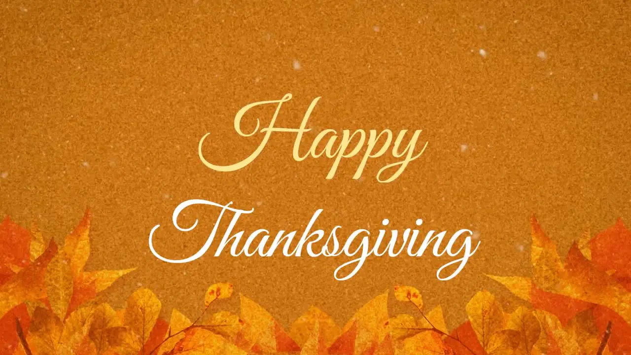 Animation of happy thanksgiving text banner against autumn leaves pattern on orange background