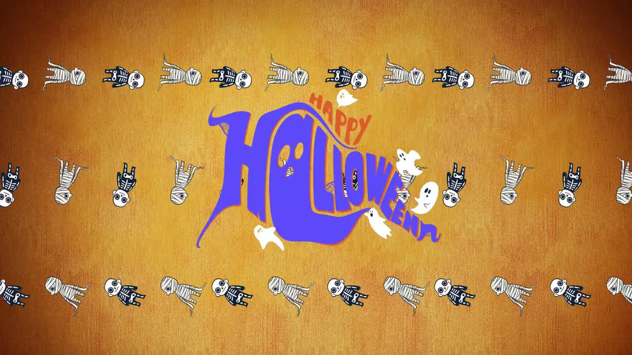 Animation of happy halloween text over skeletons on orange background