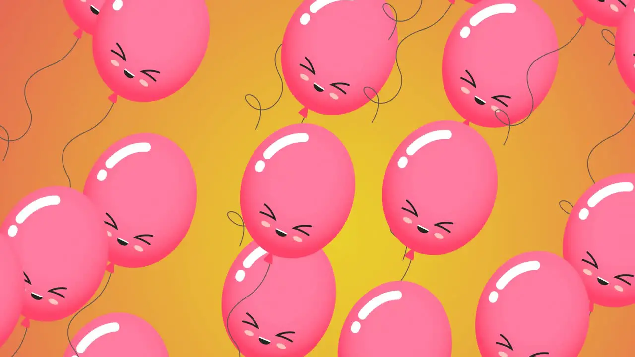 Animation of pink balloons with faces on orange background