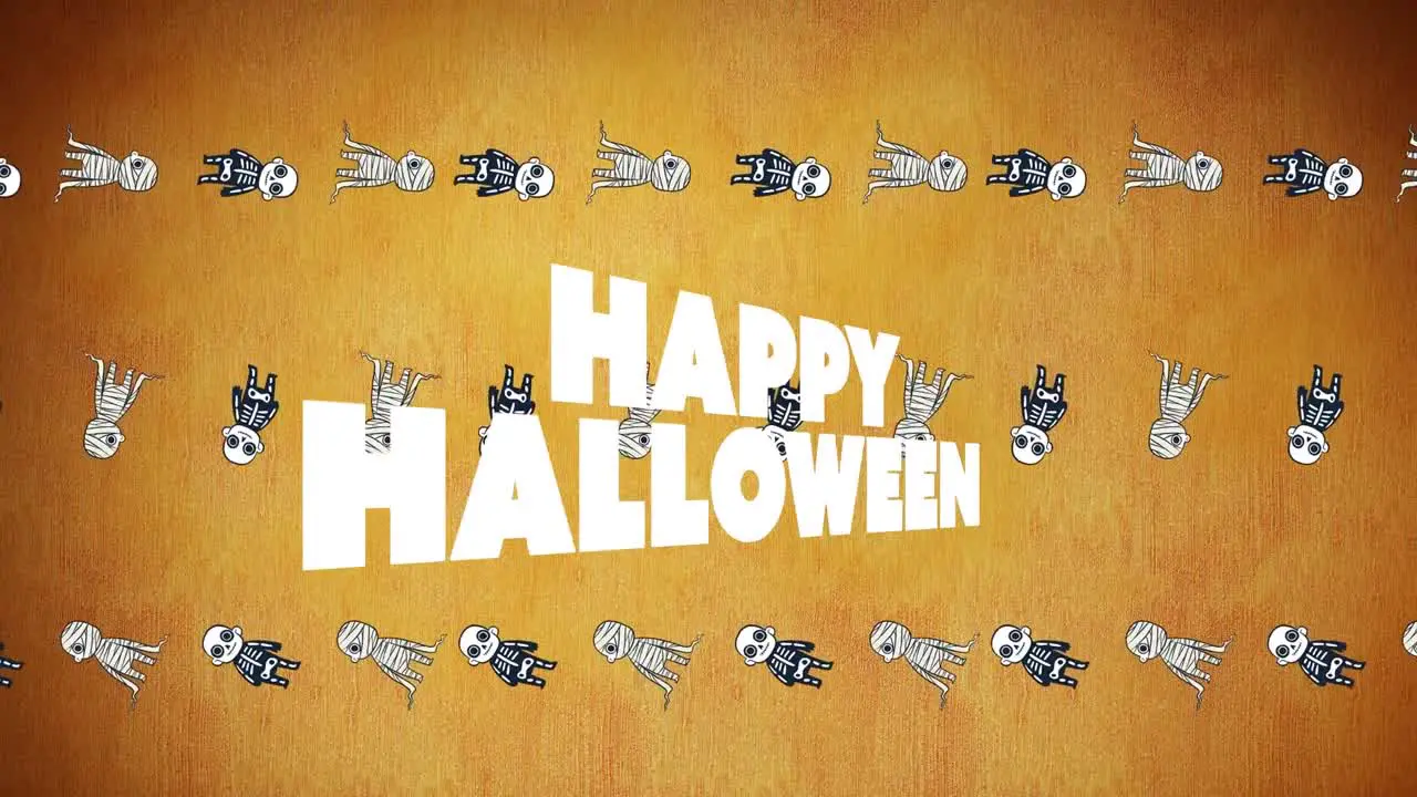 Animation of halloween greetings and floating mummies on orange background