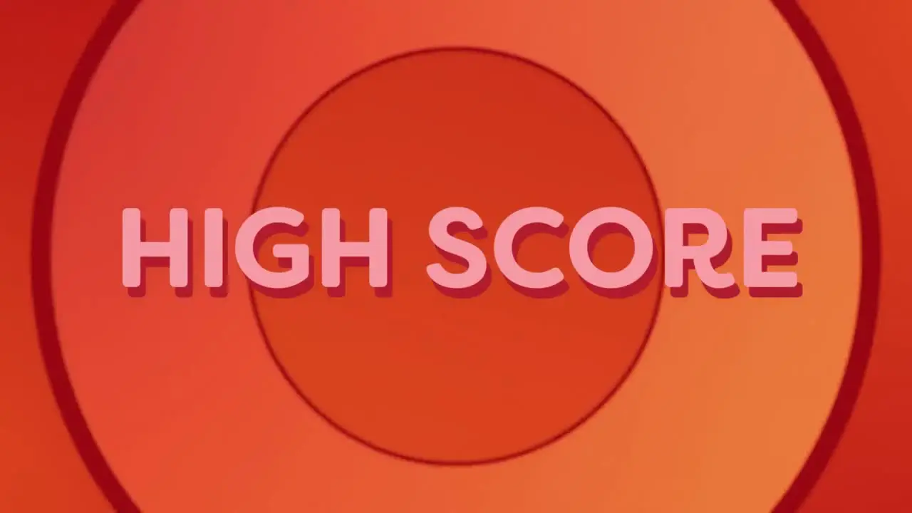 Digital animation of high score text against concentric circles on orange background