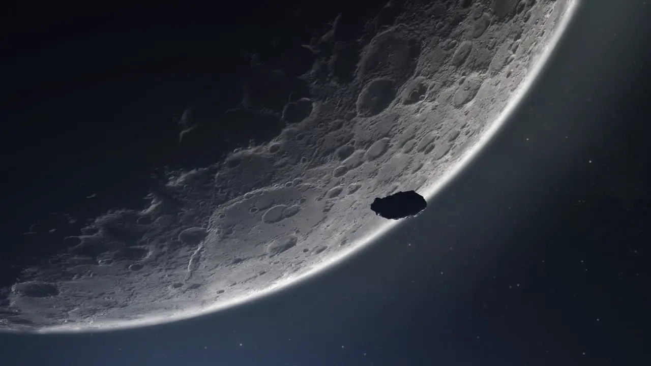 Partial cinematic view of the moon when an asteroid or meteor enters lunar orbit