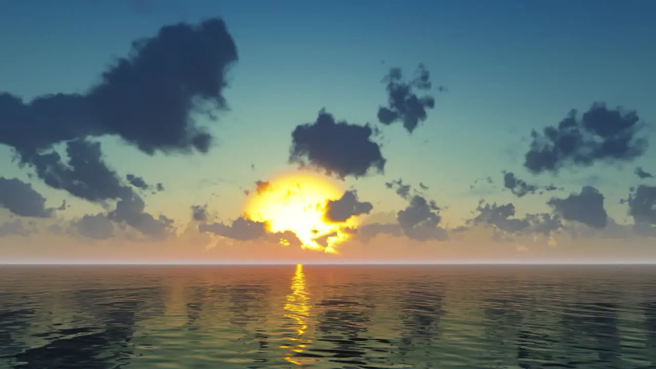 blue sky with sun rays and clouds passing by and sea with reflections natural environment 3D animation