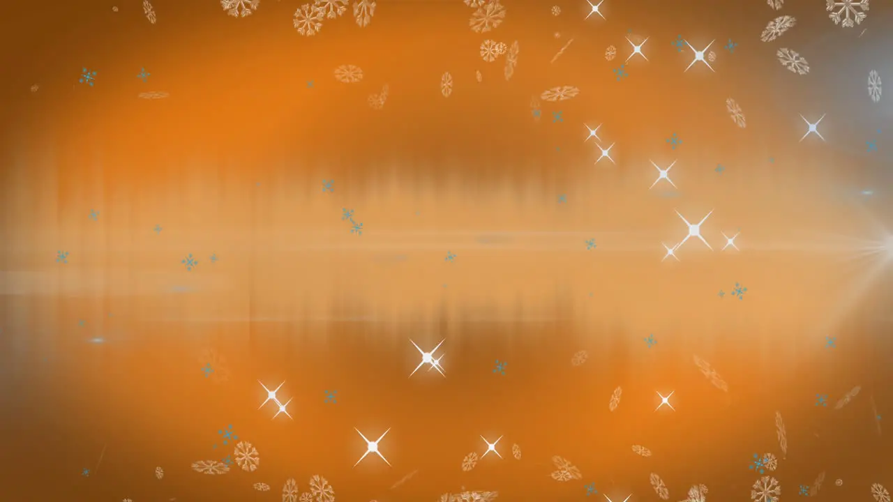 Animation of snowflakes and shining stars icons against orange background with copy space