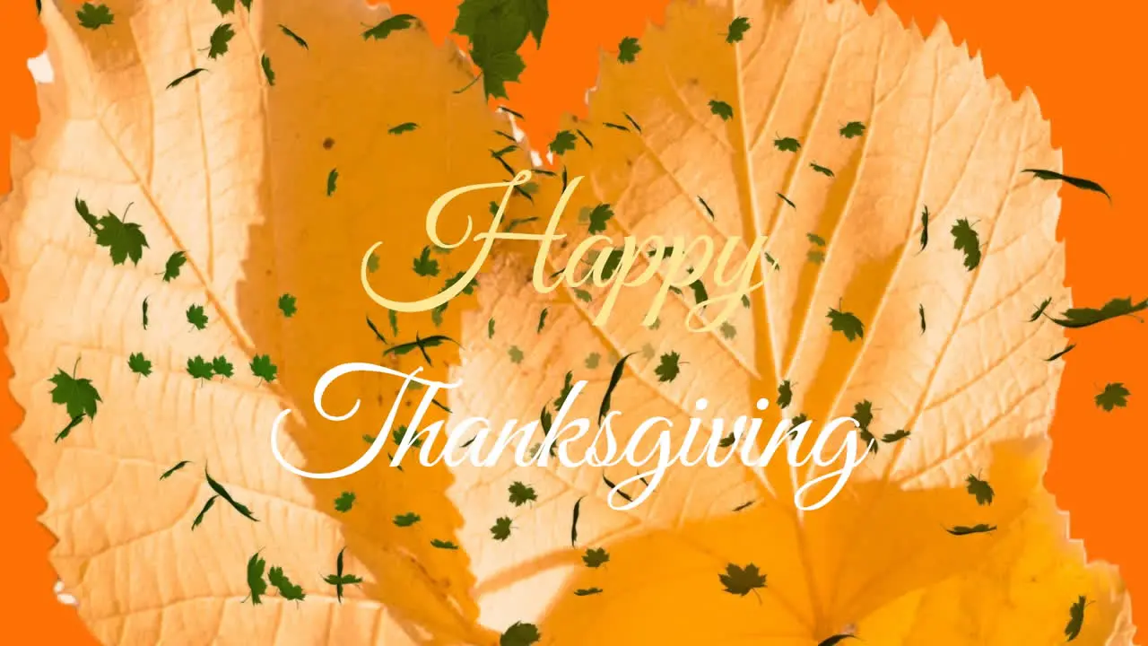 Animation of happy thanksgiving text banner over maple leaves floating against orange background