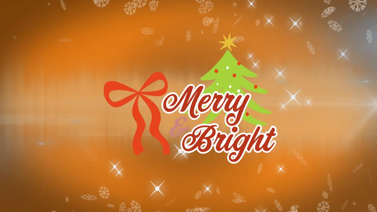 Animation of snowflakes shining stars merry bright text christmas tree icon on orange background