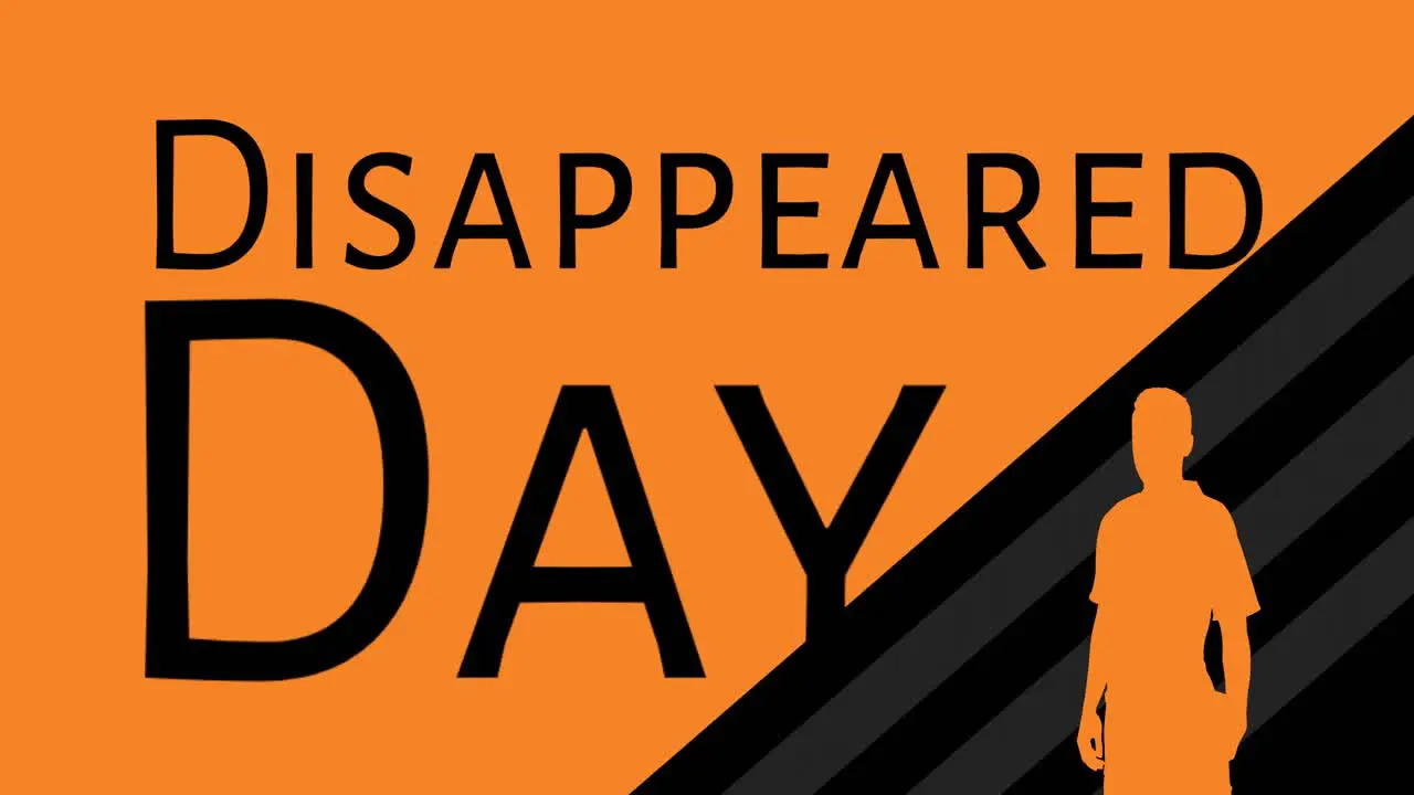 Animation of disappeared day text and man silhouette over stripes on orange background