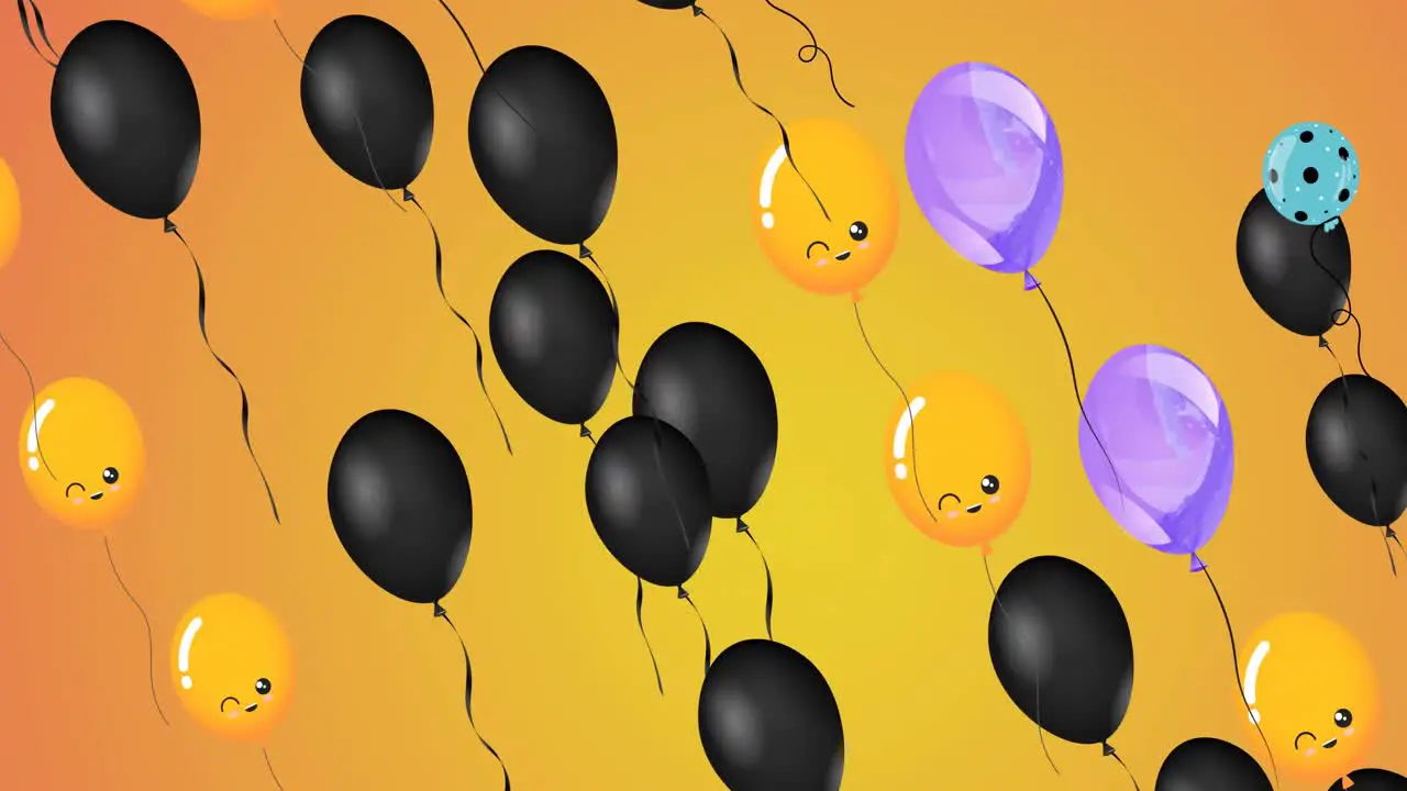 Animation of colourful balloons with faces flying on orange background