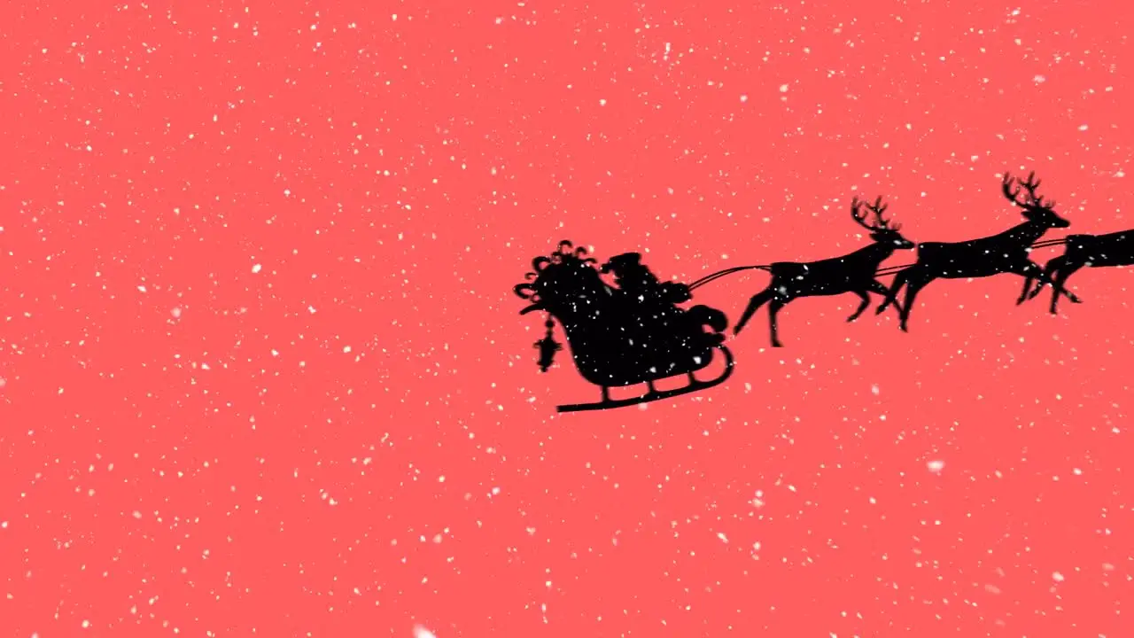 Snow falling over silhouette of santa claus in sleigh being pulled by reindeers on orange background