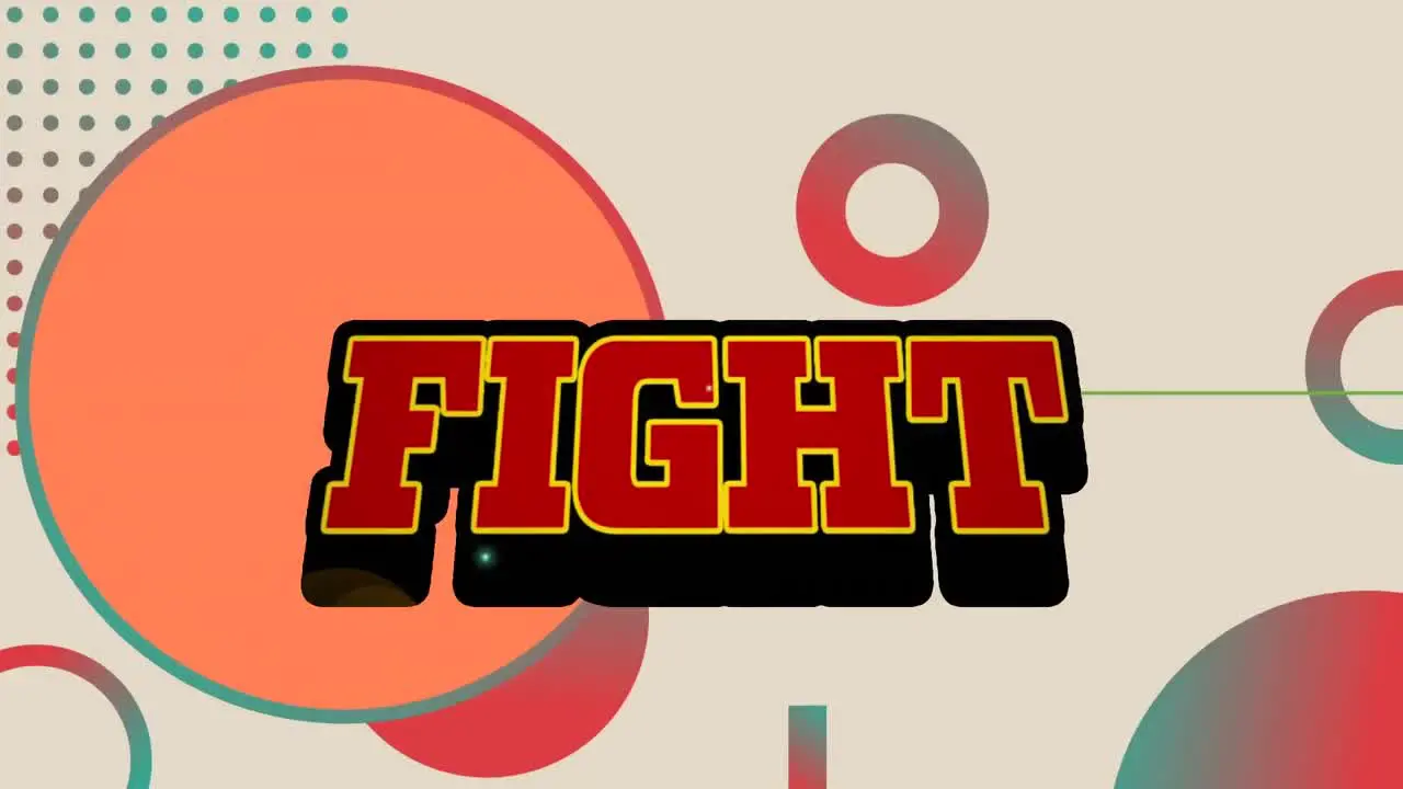 Digital animation of fight text banner against abstract shapes on orange background