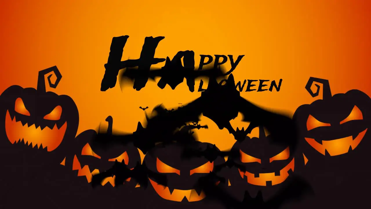 Animation of halloween greetings adn bats over jack o lantern on orange background